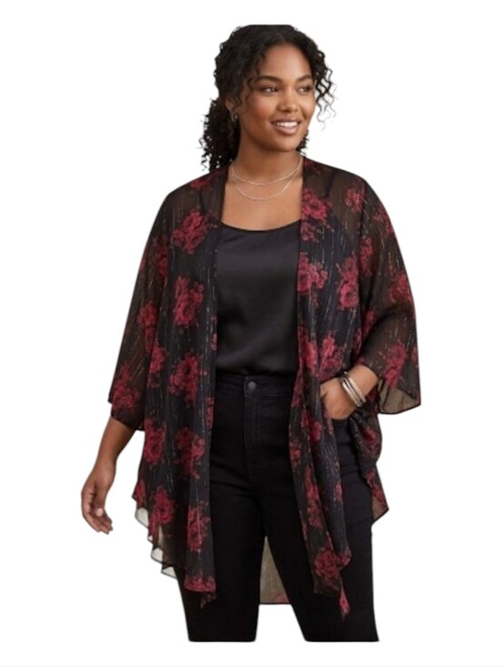torrid Other - Torrid Black Red Rose Floral Sheer Chiffon Kimono Lurex Silver Pinstripe Sz 00/0